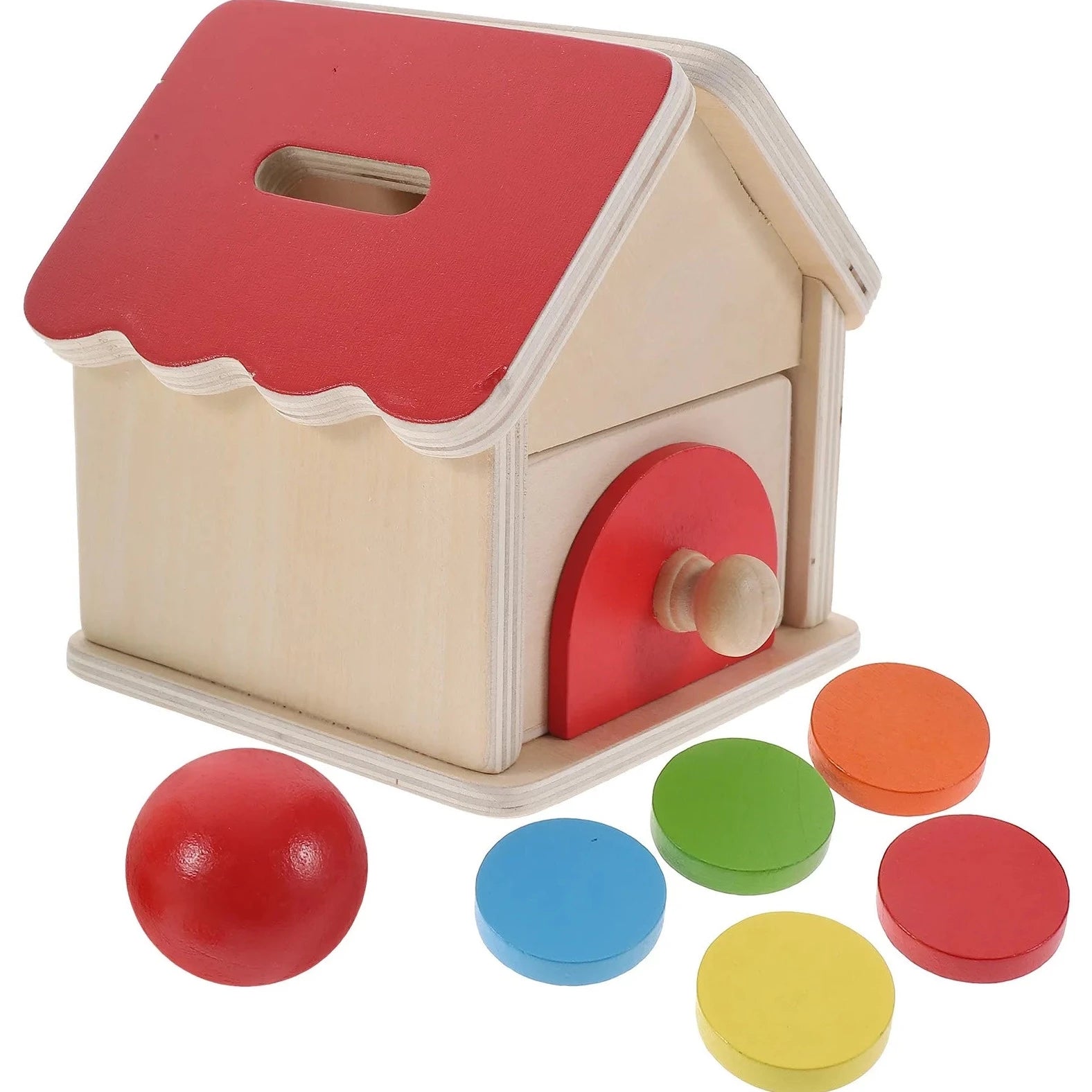 Montessori Permanence Object House Box featuring a wooden toy house with a red roof, colorful circles, and a slotted drawer for coins and ball storage.