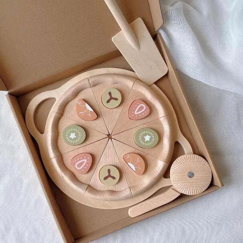 Montessori Pizza Pretend Play Kitchen Set in a box, featuring wooden pizza slices, toppings, and utensils for imaginative and educational play.