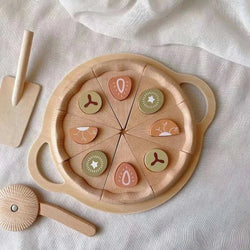 Montessori Pizza Pretend Play Kitchen Set featuring a wooden pizza with cutter, toppings, and utensils for imaginative play, crafted from sustainable rubberwood.