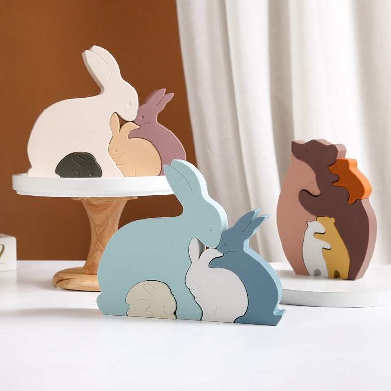 Montessori Rabbit and Bear Silicone Puzzles featuring rabbit shapes, designed to enhance children's fine motor skills and hand-eye coordination through engaging, educational play.