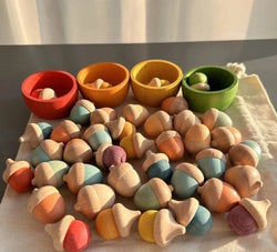 Montessori Rainbow and Pastel Beech Wood Acorns - Oliver & Company Montessori Toys