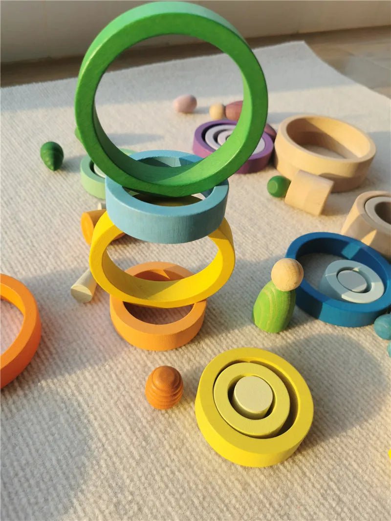 Montessori Rainbow Wooden Nesting Rings: Stacking Blocks made of durable beech wood, featuring colorful rings designed for imaginative and educational play, enhancing fine motor skills.
