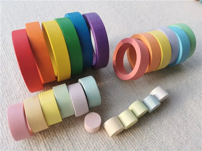 Montessori Rainbow Wooden Nesting Rings: Stacking Blocks, featuring colorful wooden rings ideal for creative play and learning, enhancing fine motor skills and imagination.