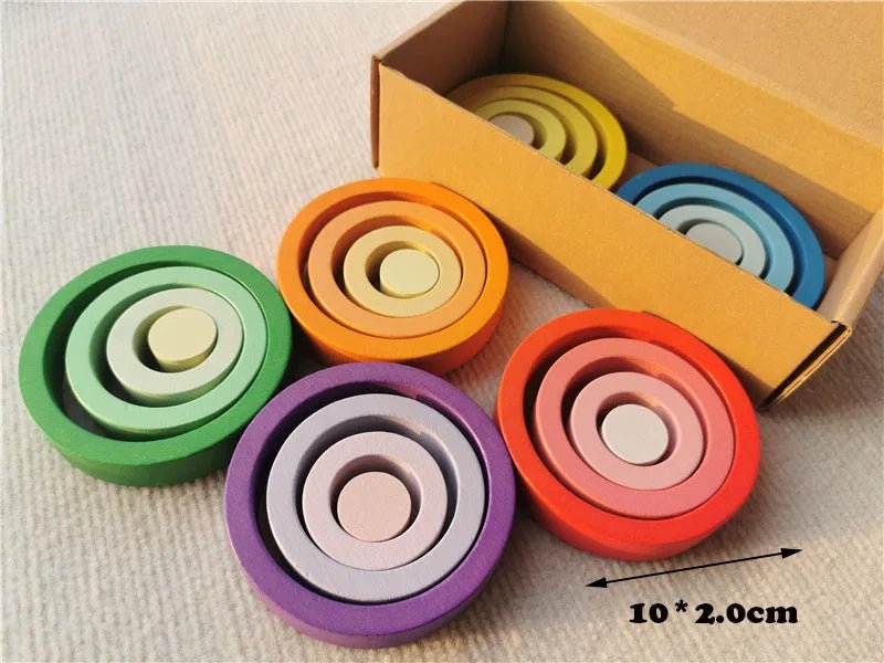 Montessori Rainbow Wooden Nesting Rings: Stacking Blocks in a box, featuring colorful, durable beech wood circles for imaginative and educational play.