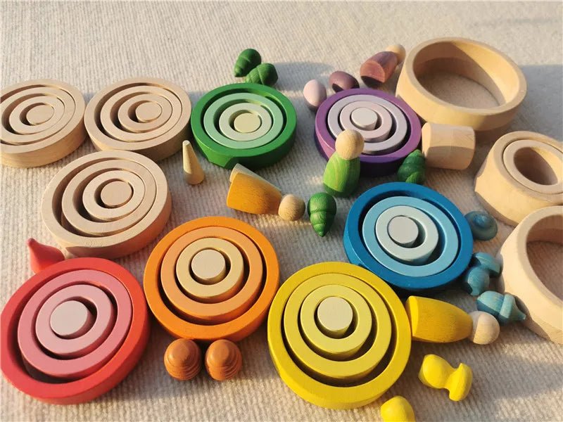 Montessori Rainbow Wooden Nesting Rings: Stacking Blocks featuring colorful, durable beech wood rings, perfect for imaginative play and skill development in children.