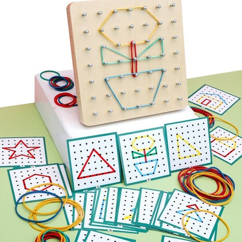 Montessori Rubber Tie Nail Board Game featuring a wooden board with colored strings and metal balls, designed for children's shape-sorting and hand-eye coordination activities.