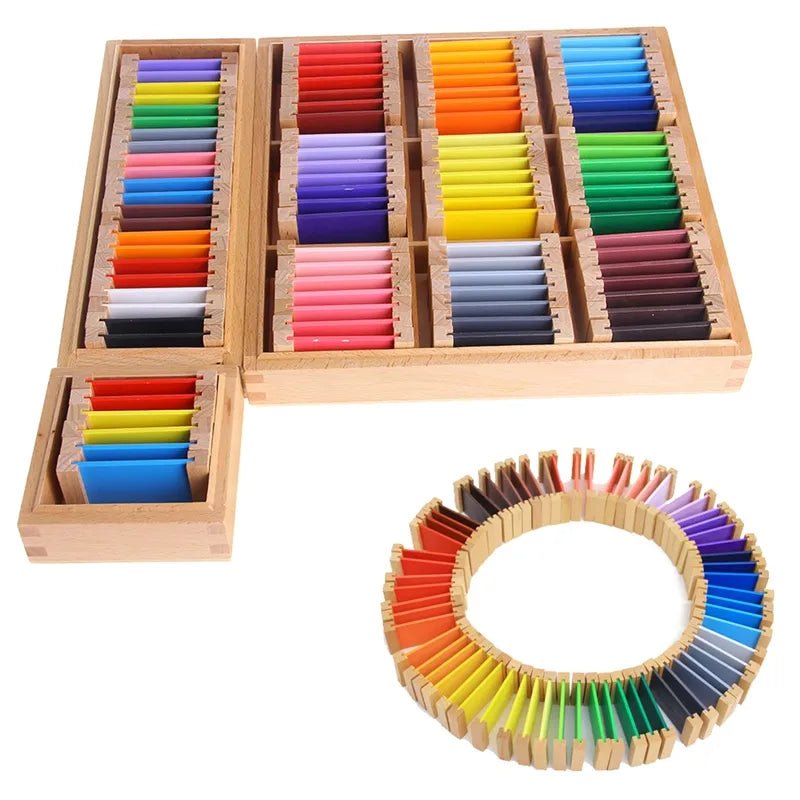 Montessori Sensorial Color Tablet Box showcasing wooden pegs arranged in a circle, highlighting educational color cards for developing children's color recognition and observation skills.