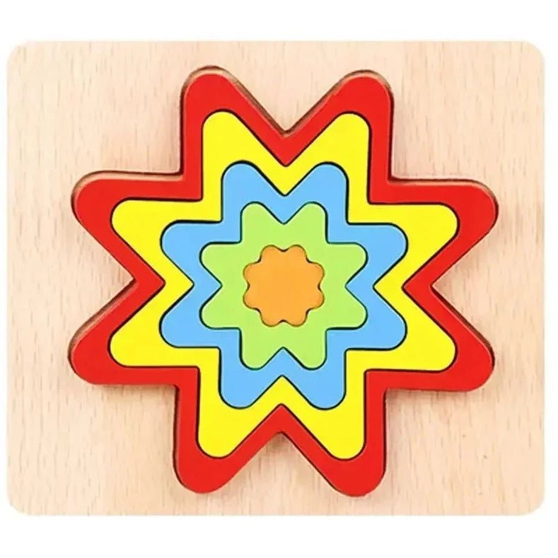 Montessori Shape Sorting Puzzle on wood surface, featuring a colorful, flower-shaped design, ideal for toddler education and skill development.