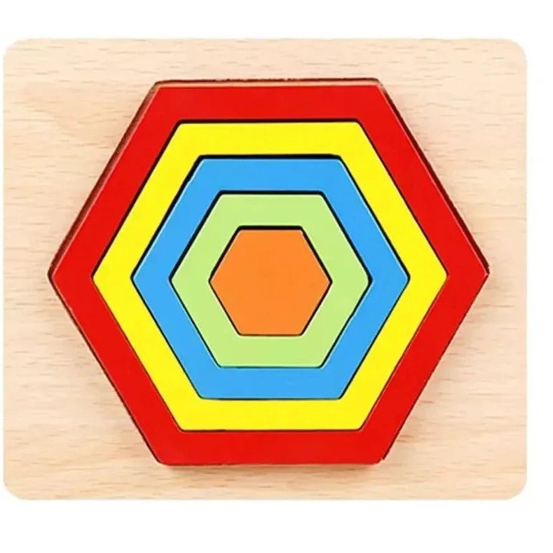 Montessori Shape Sorting Puzzles from Oliver & Company, featuring colorful hexagon shapes, designed to enhance toddlers' learning and development through creative play.