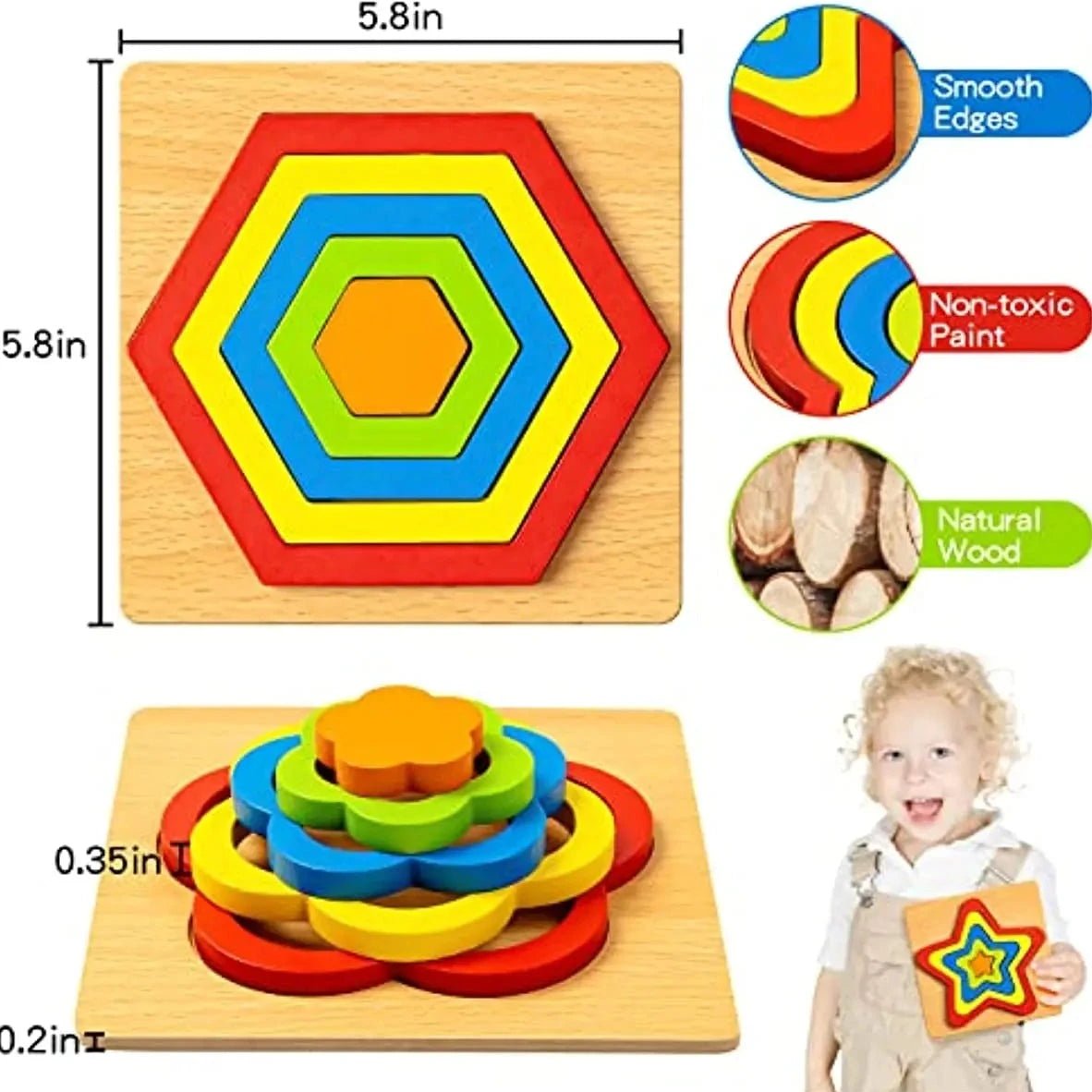 Child holding Montessori Shape Sorting Puzzle, a wooden educational toy for toddlers featuring various shapes, promoting creativity and learning through independent and interactive play.