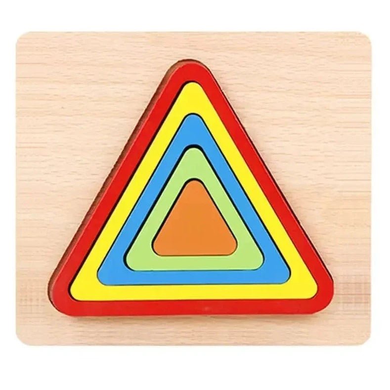 Montessori Shape Sorting Puzzle: A colorful, triangle-shaped wooden puzzle, designed for toddlers to enhance learning and coordination through shape recognition and independent play.