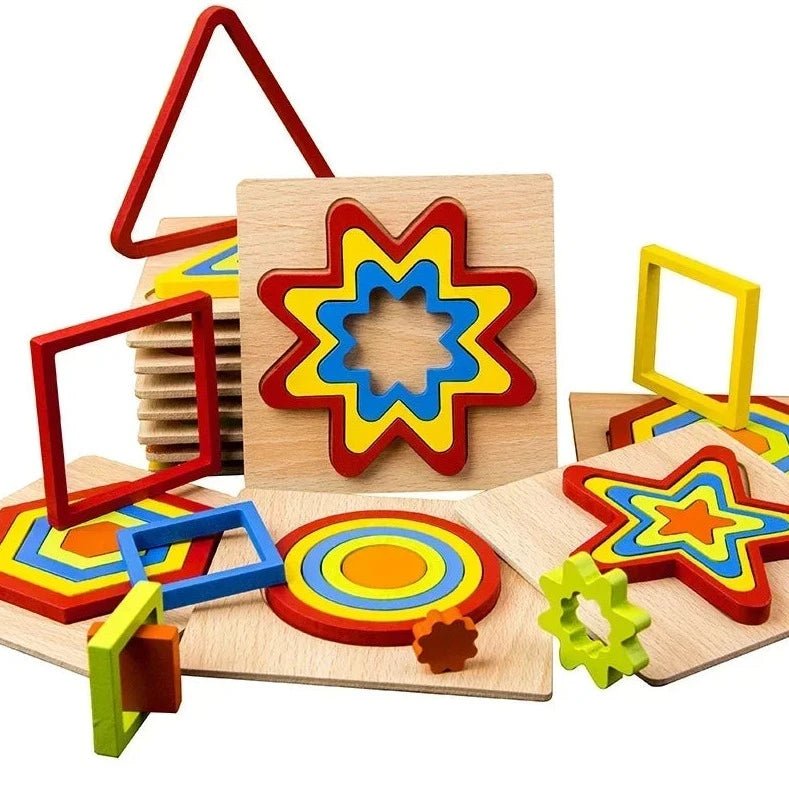 Montessori Shape Sorting Puzzles featuring a star-shaped wooden piece from Oliver & Company, designed to enhance toddlers' educational skills through fun and interactive play.