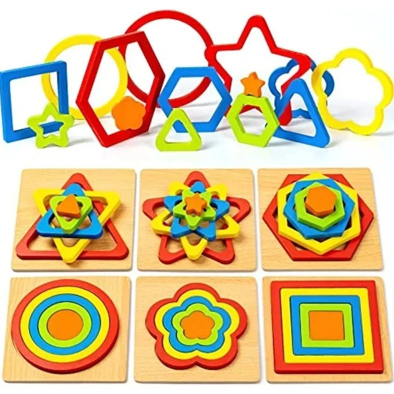 Montessori Shape Sorting Puzzles on a wooden surface, featuring various shapes like circles and triangles, ideal for toddler education and skill development.
