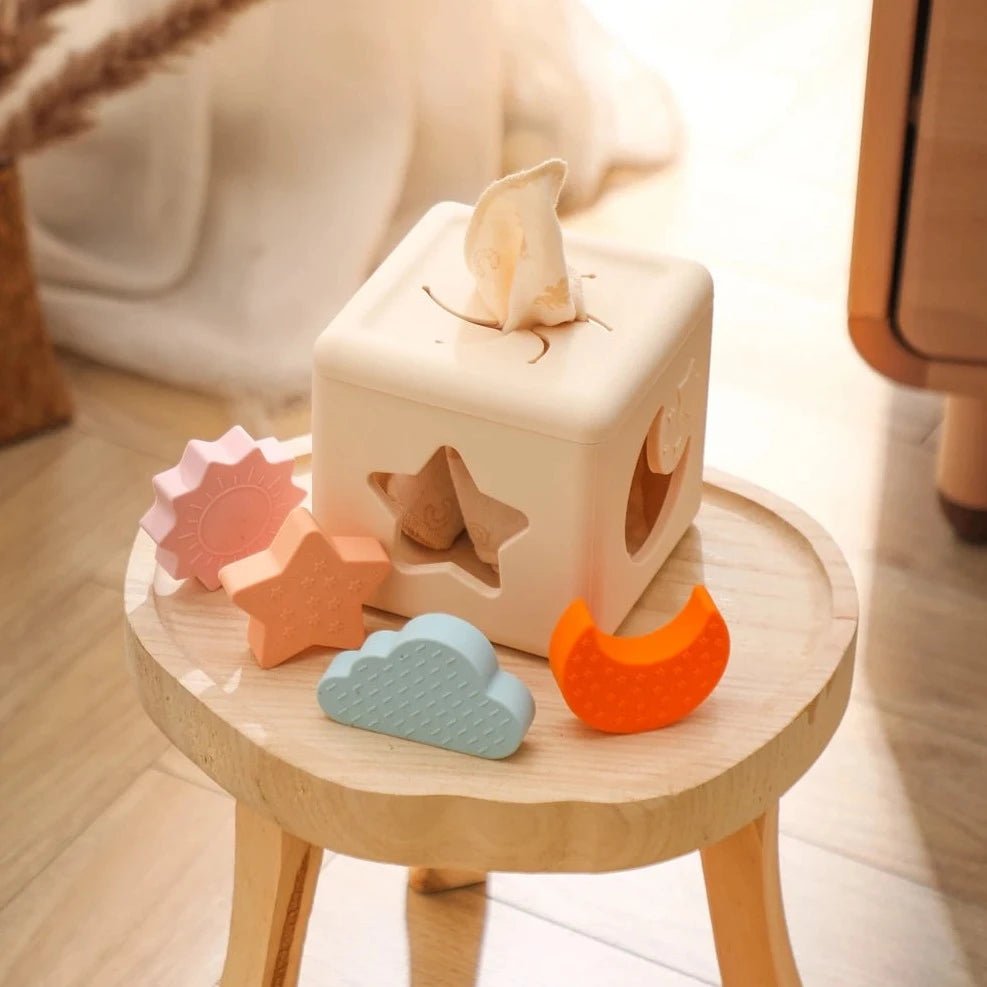 Montessori Silicone Tissue Box on a wooden table, featuring interactive shapes fitting into slots, promoting cognitive skills and sensory development for children.