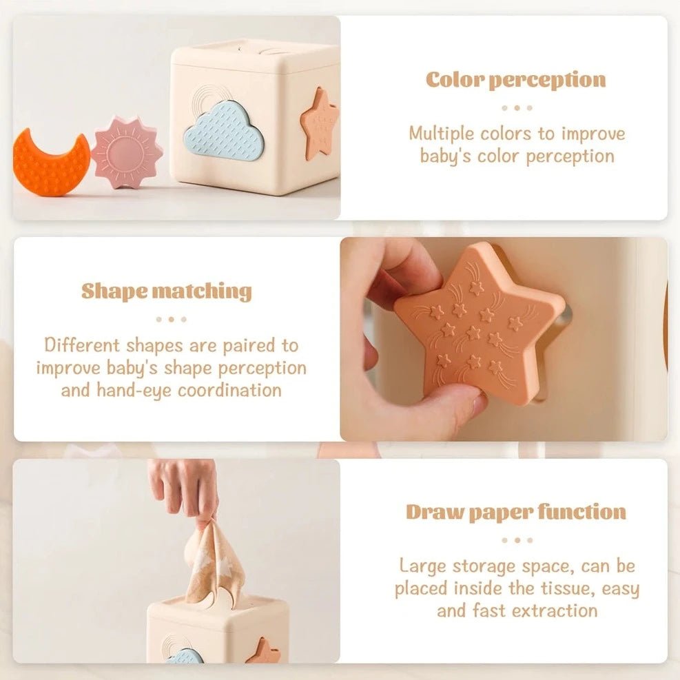 Montessori Silicone Tissue Box featuring interactive shapes for educational play, promoting cognitive skills and sensory development in children, as showcased by Oliver & Company Montessori Toys.