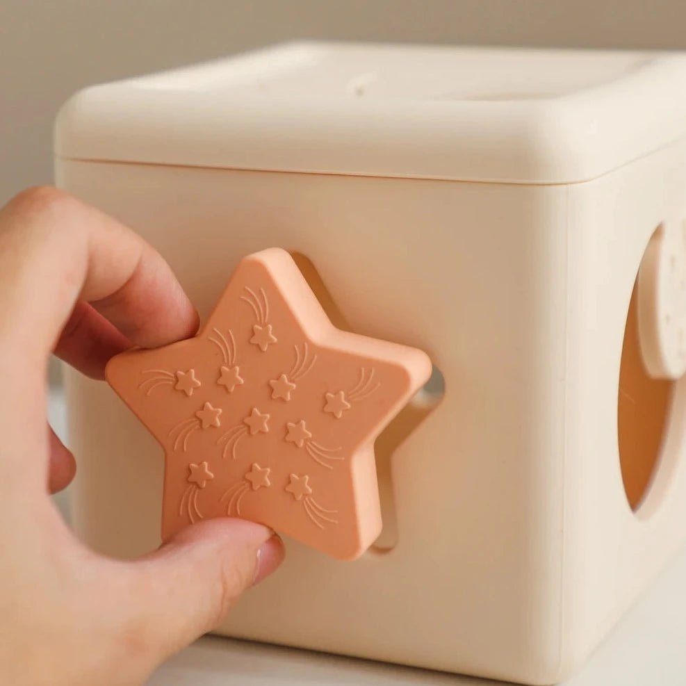 Hand holding a Montessori Silicone Tissue Box, featuring a star-shaped interactive piece, designed to enhance cognitive skills and sensory development for children.