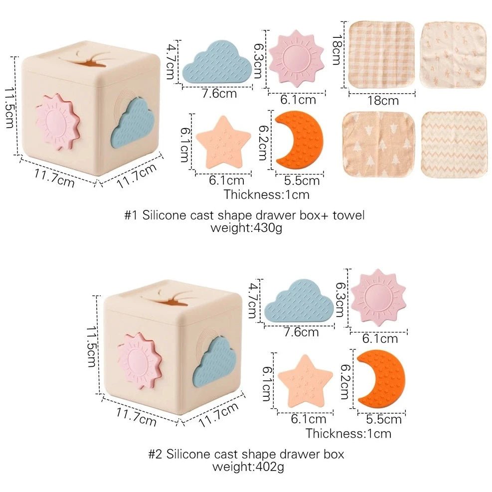 Montessori Silicone Tissue Box with interactive shapes for cognitive skill development, featuring a puzzle-like design for educational play and sensory engagement.