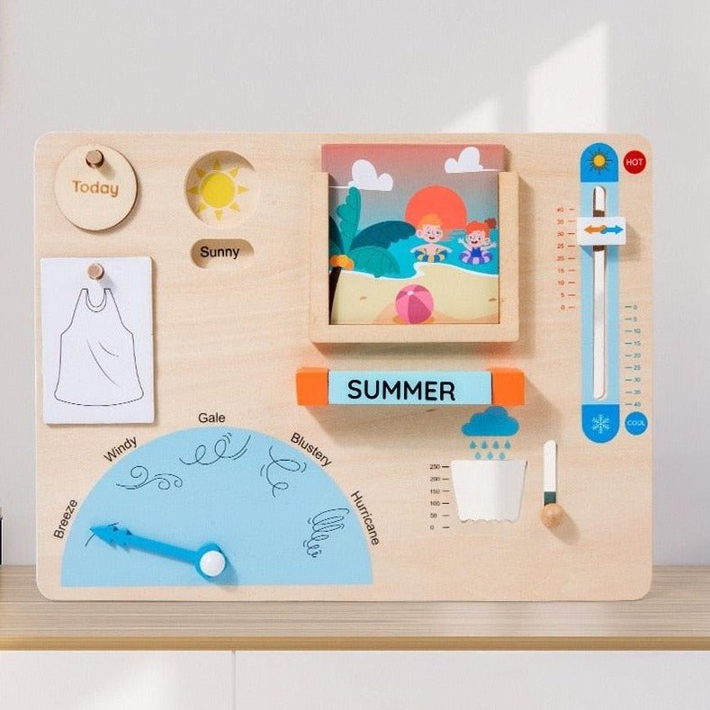 Montessori Weather Busy Board: a wooden toy featuring interactive cards for kids to customize and learn about weather, climate conditions, and seasonal changes.
