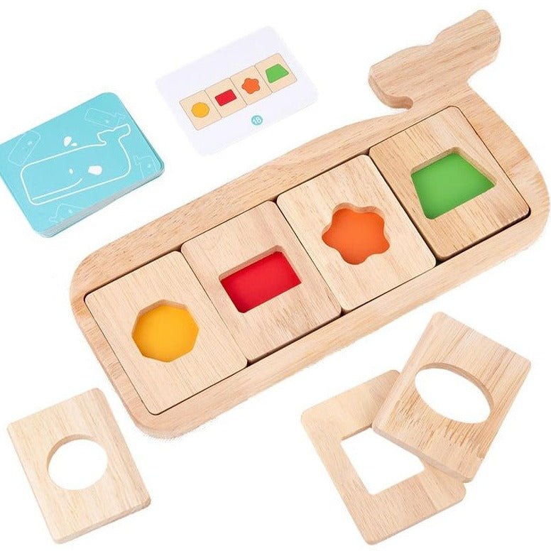Montessori Whale Colorful Shapes Puzzle, a wooden toy with geometric pieces fitting into a whale shape, designed for children’s learning and motor skill development.