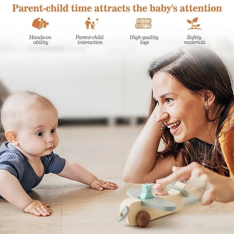Montessori Wooden Airplane Toy with bear passengers, designed for toddlers, visible with a baby and woman, promoting imaginative play and motor skill development.