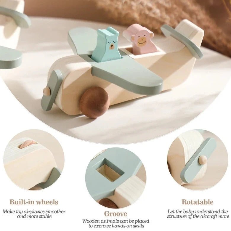 Montessori Wooden Airplane Toy with two animal passengers, crafted from sustainable wood, designed to inspire imaginative play and develop fine motor skills for toddlers.