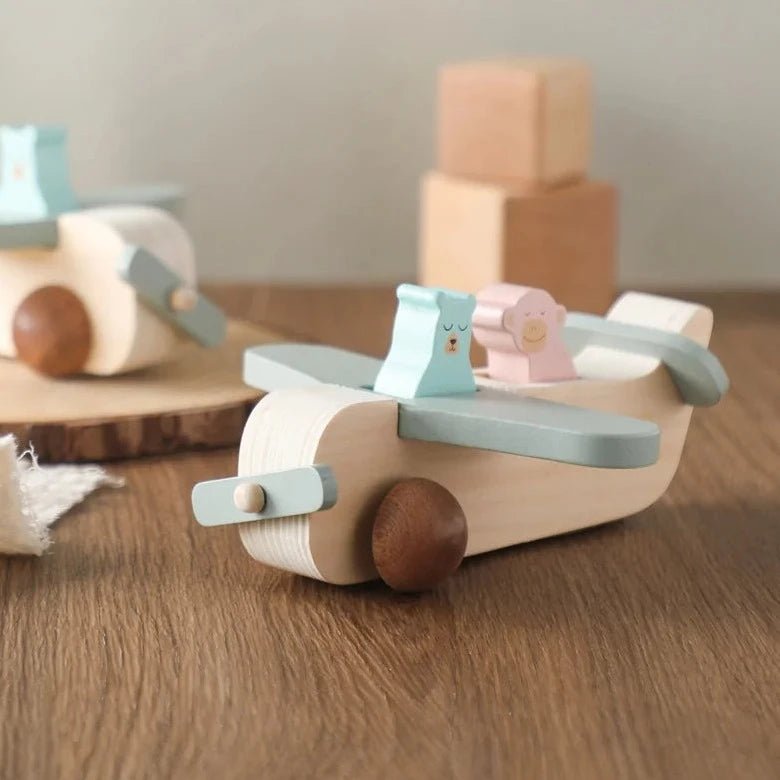 Montessori Wooden Airplane Toy featuring a bear and monkey, crafted from sustainable wood, designed to inspire imaginative play and fine motor skill development for toddlers.