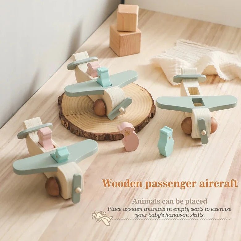 Montessori Wooden Airplane Toy on a wooden surface, crafted from sustainable wood, featuring two small passengers, designed to inspire imaginative play and develop fine motor skills.