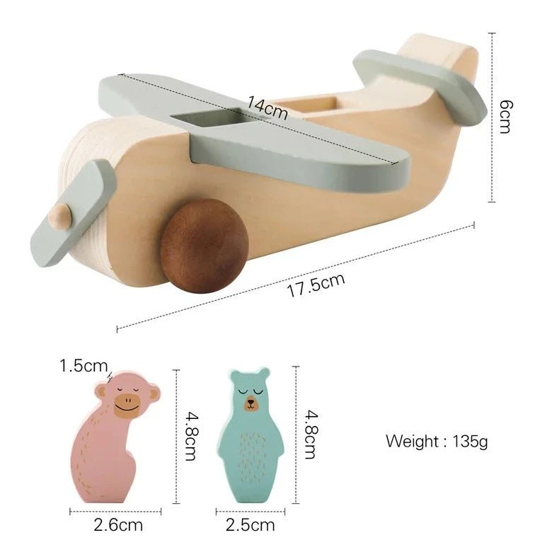 Montessori Wooden Airplane Toy with two passengers, crafted from sustainable wood, designed for imaginative play and motor skill development in toddlers.
