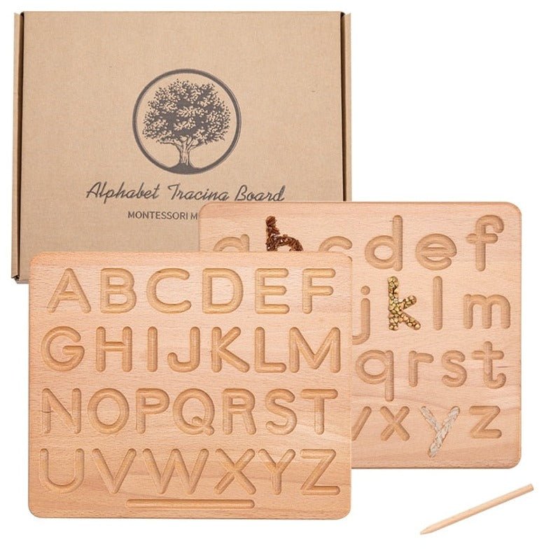 Montessori Wooden Alphabet and Number Board with pencil, featuring precision-cut letters for tracing, crafted from natural beech wood for an engaging educational experience.