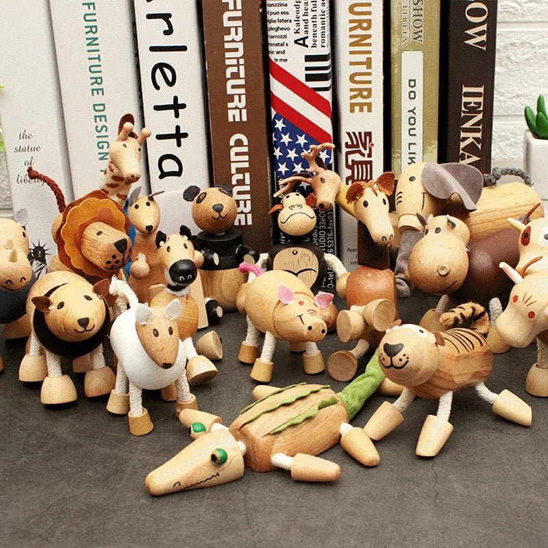Montessori Wooden Animal Dolls, featuring a wooden toy tiger and sheep, offer versatile play and decor options, made from solid beech wood for imaginative play.