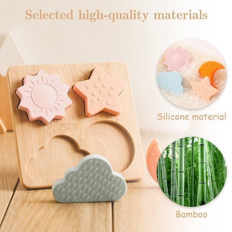 Montessori Wooden Baby Teether Puzzle on a wooden surface, featuring sun and star shapes. Designed for sensory play and gum relief with natural wood and silicone elements.