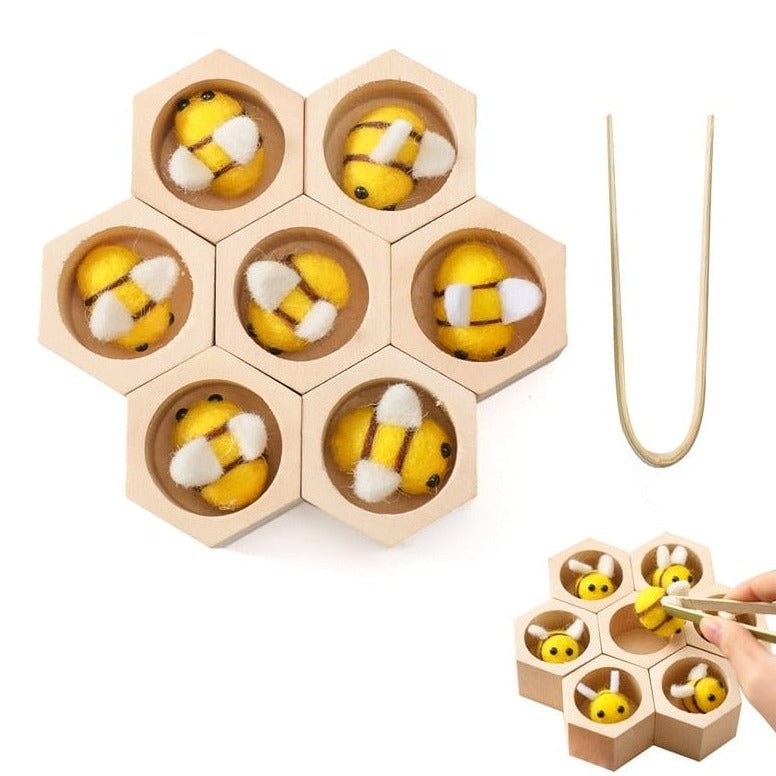 Montessori Wooden Beehive Toy featuring bees in a hexagonal container, designed to enhance children's fine motor skills by grabbing and sorting with tongs.