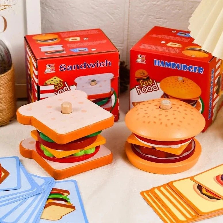 Montessori Wooden Burger & Fries Stacking Game featuring toy burgers and cards on a table, designed to enhance children's problem-solving and motor skills.