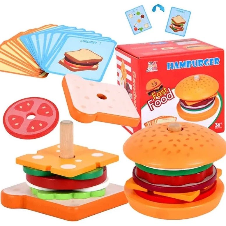 Montessori Wooden Burger & Fries Stacking Game - Oliver & Company Montessori Toys