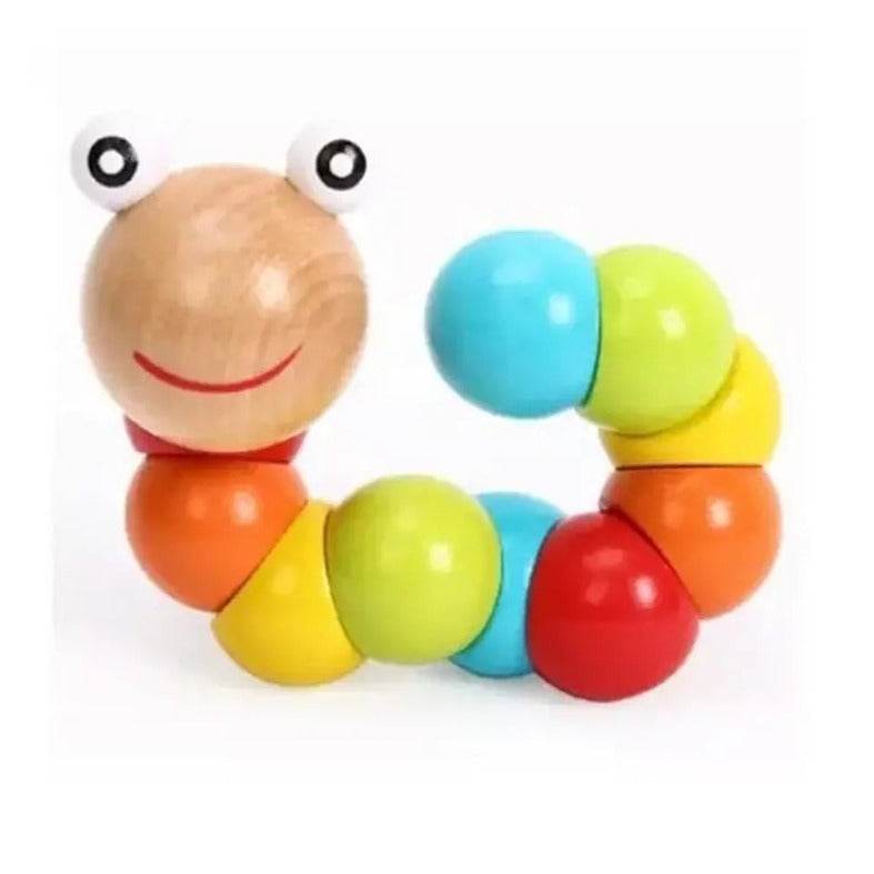 Montessori Wooden Caterpillar Toy for babies 6-12 months, designed for tummy time play and shape exploration, featuring a twistable design for developing spatial awareness.