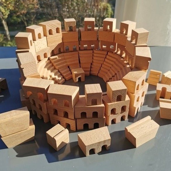 Montessori Wooden Church and Colosseum Building Blocks Set featuring solid wooden blocks arranged in a circle, designed for creative architectural play and child-safe construction.