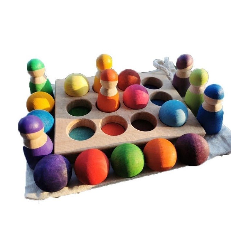 Montessori Wooden Color Sorting Set featuring wooden balls, peg dolls, and sorting cups on a board for imaginative and educational play.