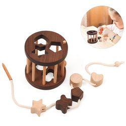 Montessori Wooden Cylinder and Threading Toy with holes and string, designed to enhance children's hand-eye coordination and intellectual development.