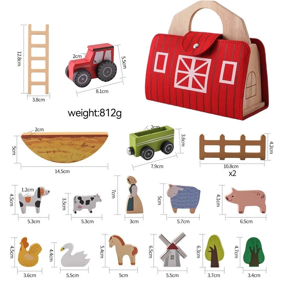 Montessori Wooden Farmhouse Toy Set featuring a red tractor, green toy car, and various wooden farm animals, designed for imaginative and educational play.