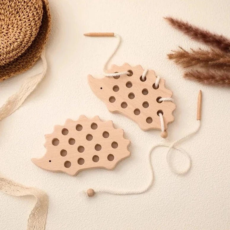 Montessori Wooden Hedgehog Threading Board with holes and strings, designed for hand-eye coordination and fine motor skills development in children aged 4 and up.