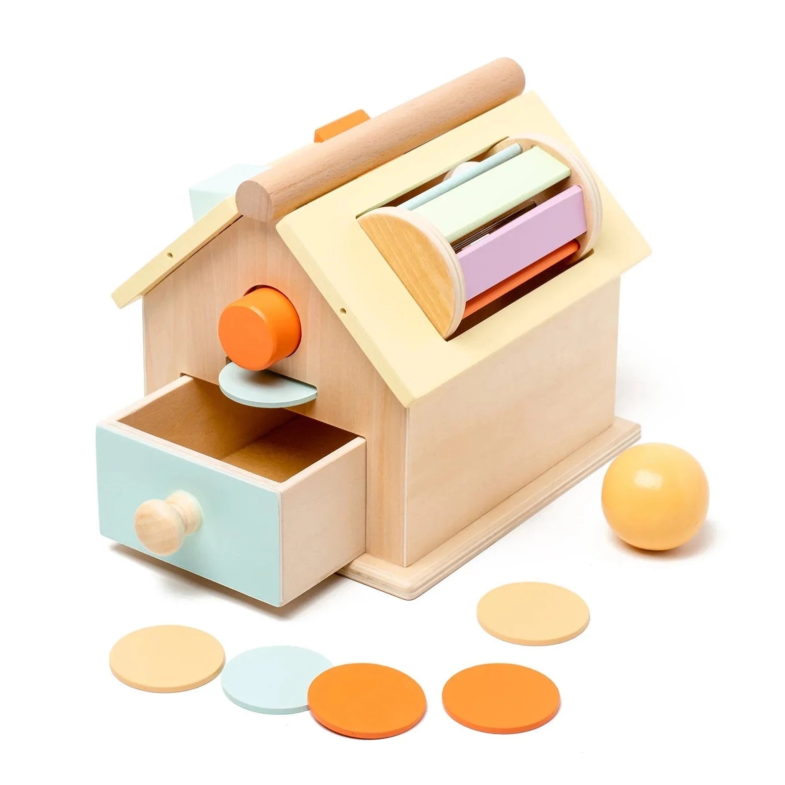 Montessori Wooden House Permanence Box, featuring a wooden toy house with a drawer and balls, designed to enhance babies' fine motor skills and early learning.