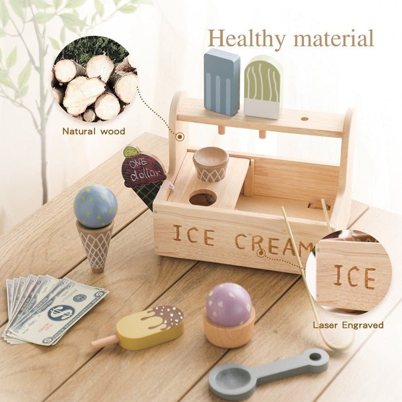 Montessori Wooden Ice Cream Toy with scoops and a sales blackboard, ideal for imaginative play and creativity in children.