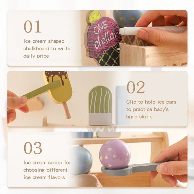 Montessori Wooden Ice Cream Toy featuring a side blackboard for play money tracking, encouraging imaginative scenarios like running an ice cream shop.