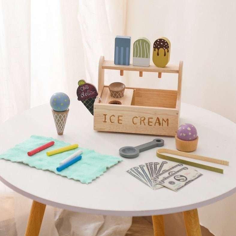 Montessori Wooden Ice Cream Toy featuring a blackboard for tracking sales, encouraging imaginative play and creative thinking. Perfect for running an ice cream shop scenario.