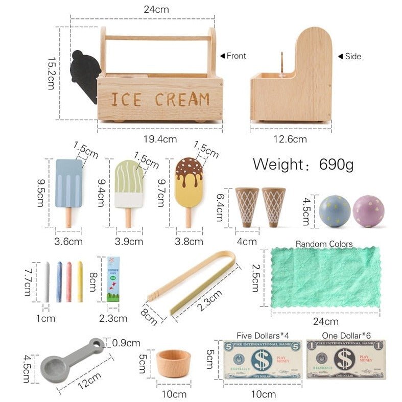 Montessori Wooden Ice Cream Toy with a blackboard for creative play, shown with colorful toy elements for imaginative child-led scenarios.