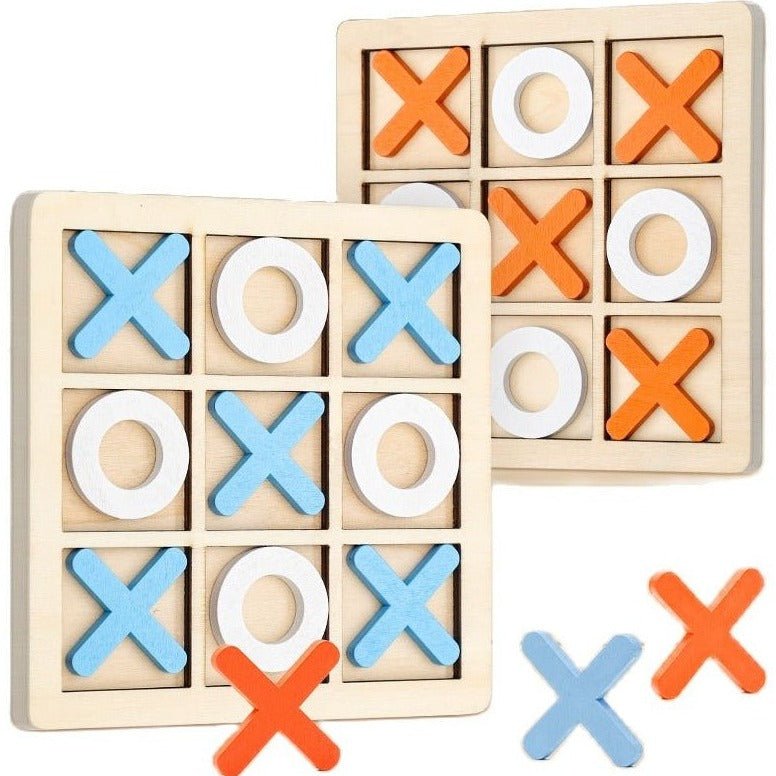 Montessori Wooden Mini Tic Tac Toe Game featuring a durable wooden board with white circular pieces, designed to enhance strategic thinking and fine motor skills for children.