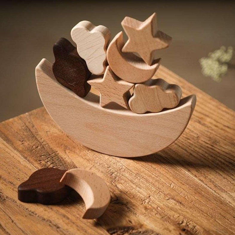 Montessori Wooden Moon & Stars Balance Block made of beech wood, featuring a moon, stars, planets, and clouds for engaging stacking play.