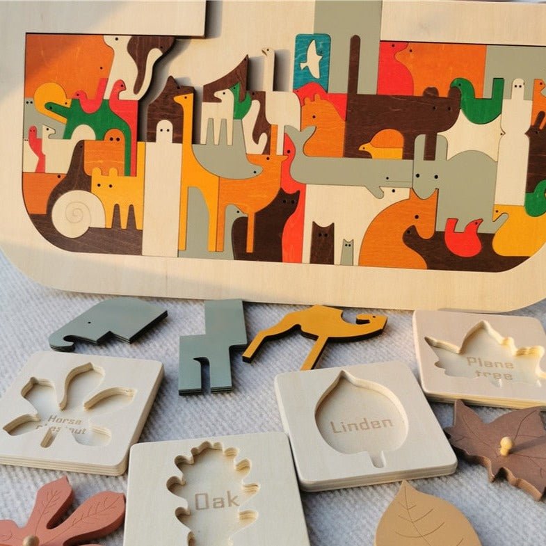 Montessori Wooden Noah's Ark Puzzle and Leaf Puzzles Set featuring wooden animal shapes and carved leaf cutouts, designed for educational play and early literacy development.