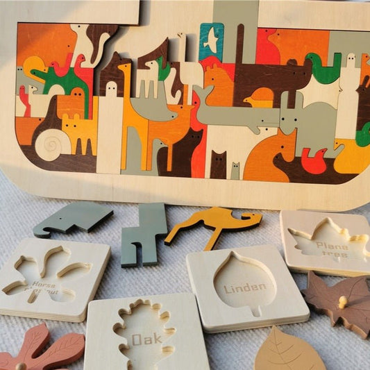 Montessori Wooden Noah's Ark Puzzle and Leaf Puzzles Set - Oliver & Company Montessori Toys