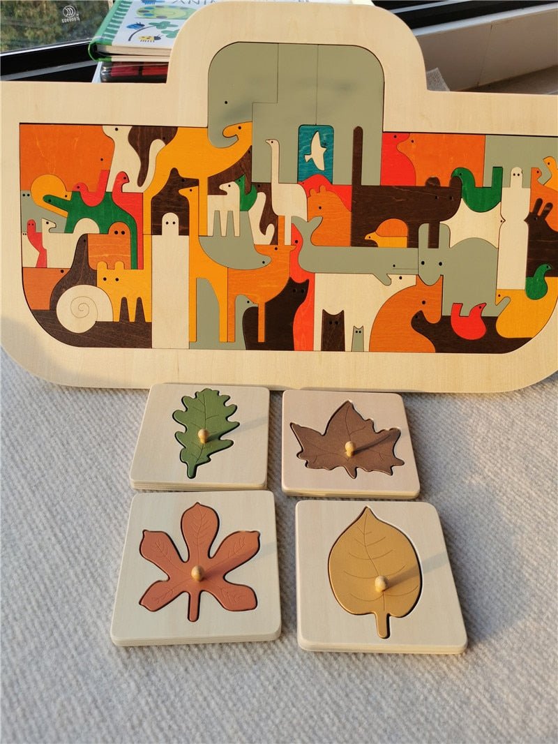 Montessori Wooden Noah's Ark Puzzle and Leaf Puzzles Set - Oliver & Company Montessori Toys
